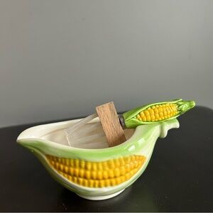 Vintage Mid-Century Modern Corn Stoneware Butter Dish with Brush